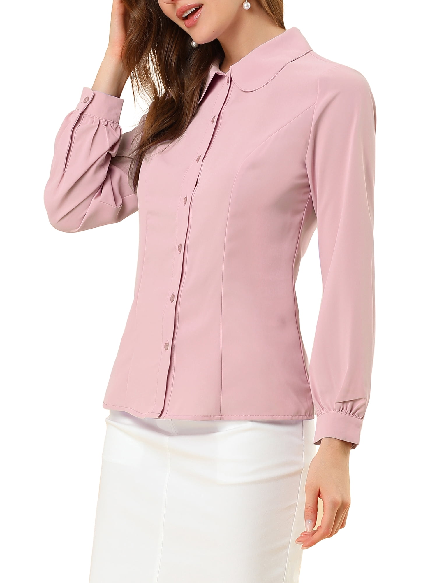 DARING DIVA Women's Peter Pan Collar Long Sleeve Work Office Shirt M Pink