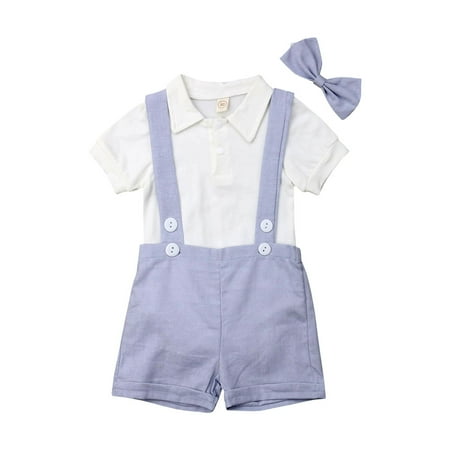 

Baby Boy Clothing Set Outfits 3pcs Short Sleeve Gentleman T-Shirt Romper Jumpsuit +Overall Shorts Summer Party Outfits