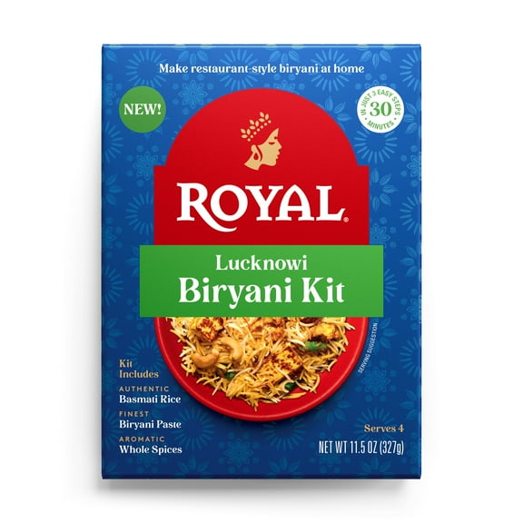 Royal Lucknowi Biryani Kit with Basmati Rice— Authentic Recipe is ready in 30 Minutes. The Shelf-Stable Kit Serves 4.