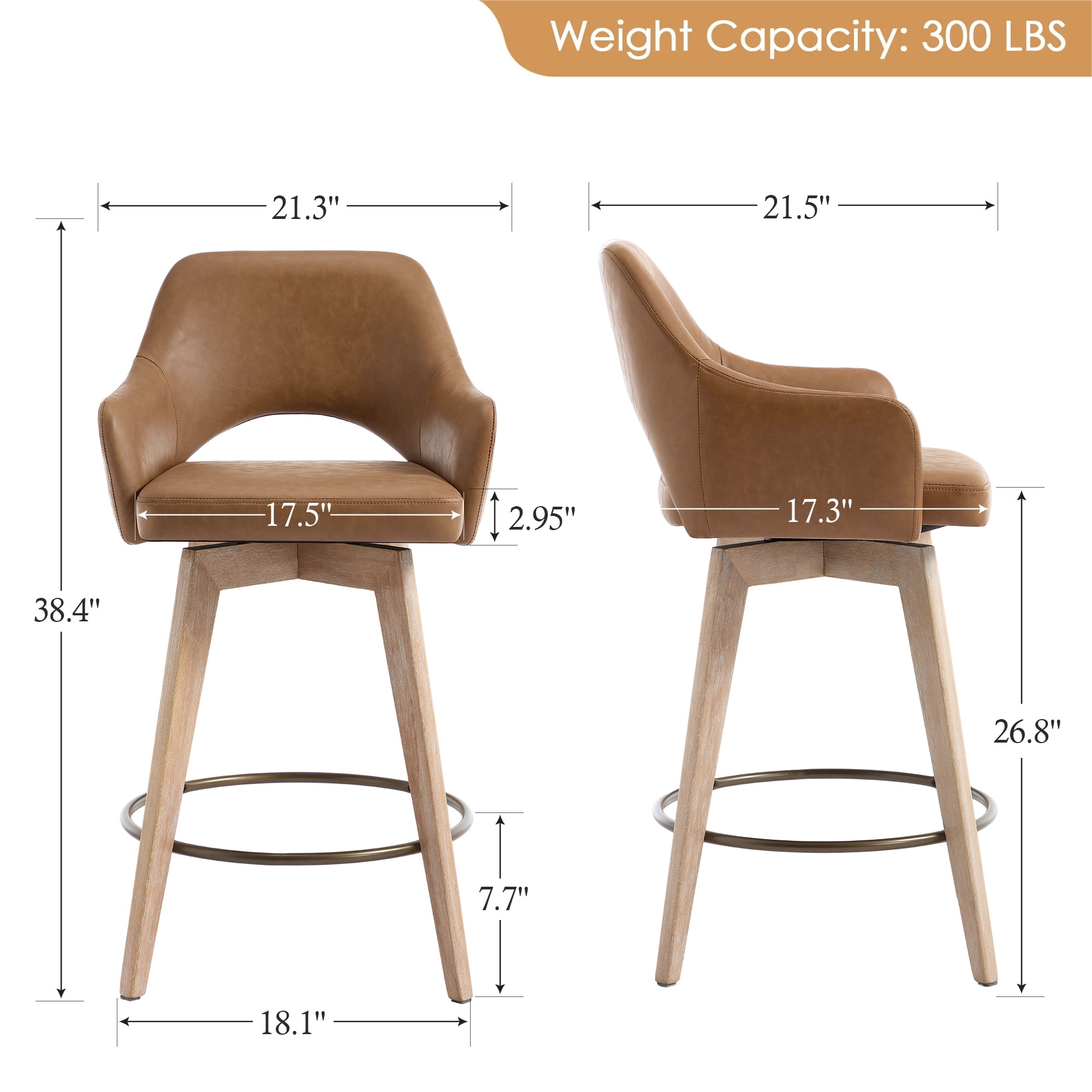Zesthouse 26.8″ Swivel Counter Height Bar Stools Set of 2, Upholstered Faux Leather Bar Stools with Back and Wood Legs, Mid Century Modern Barstool Island Chairs for Kitchen Counter, Brown