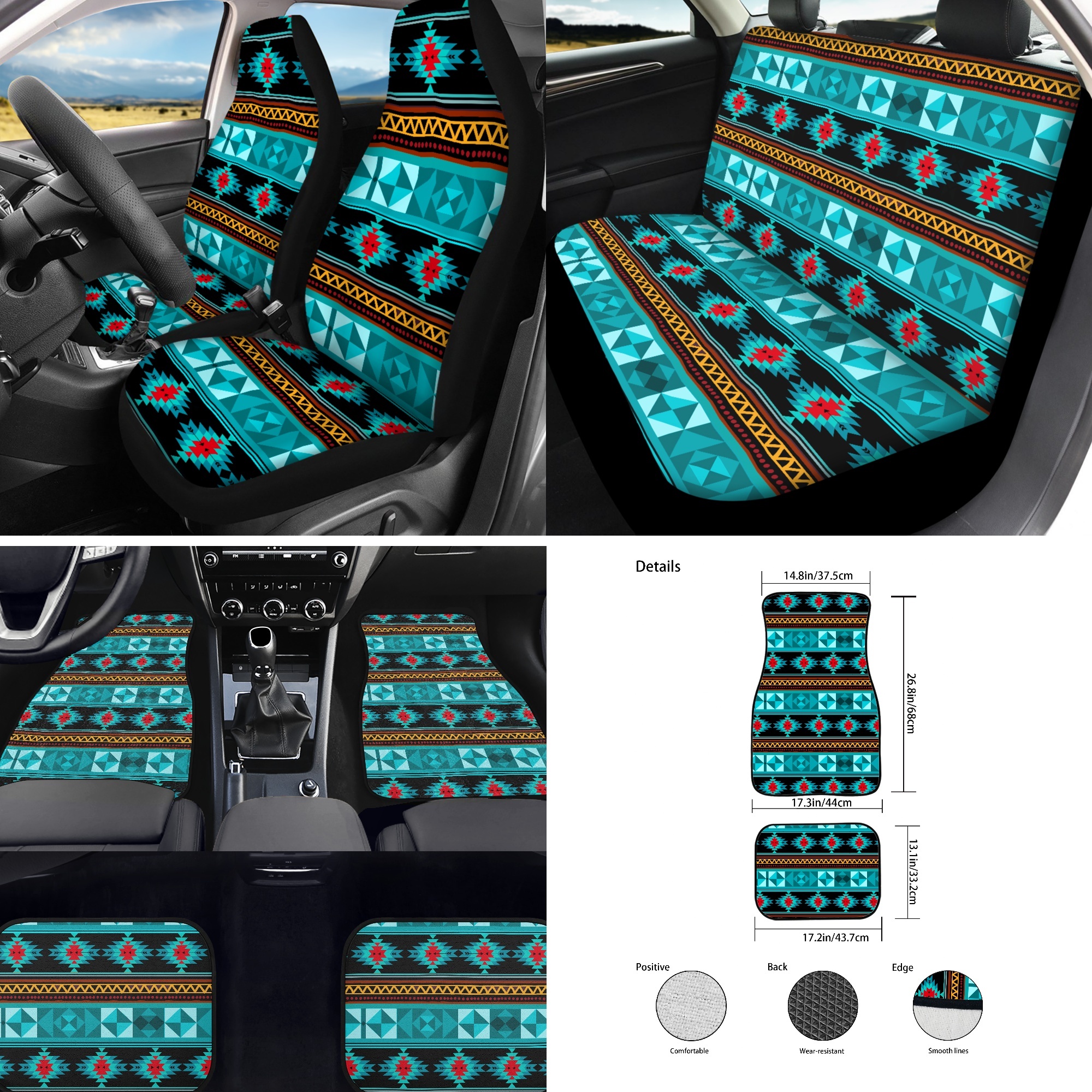Jeiento Aztec Turquoise Car Accessories Full Set for Men, Navajo Design Automotive Vehicle Seat Cover, Decorative Car Floor Mat Steering Wheel Cover Center Console Pad Universal Fit