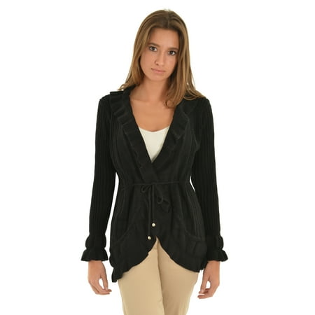Womens Black Cardigan Sweater High Low Ribbed Knit Sweater Tie ...