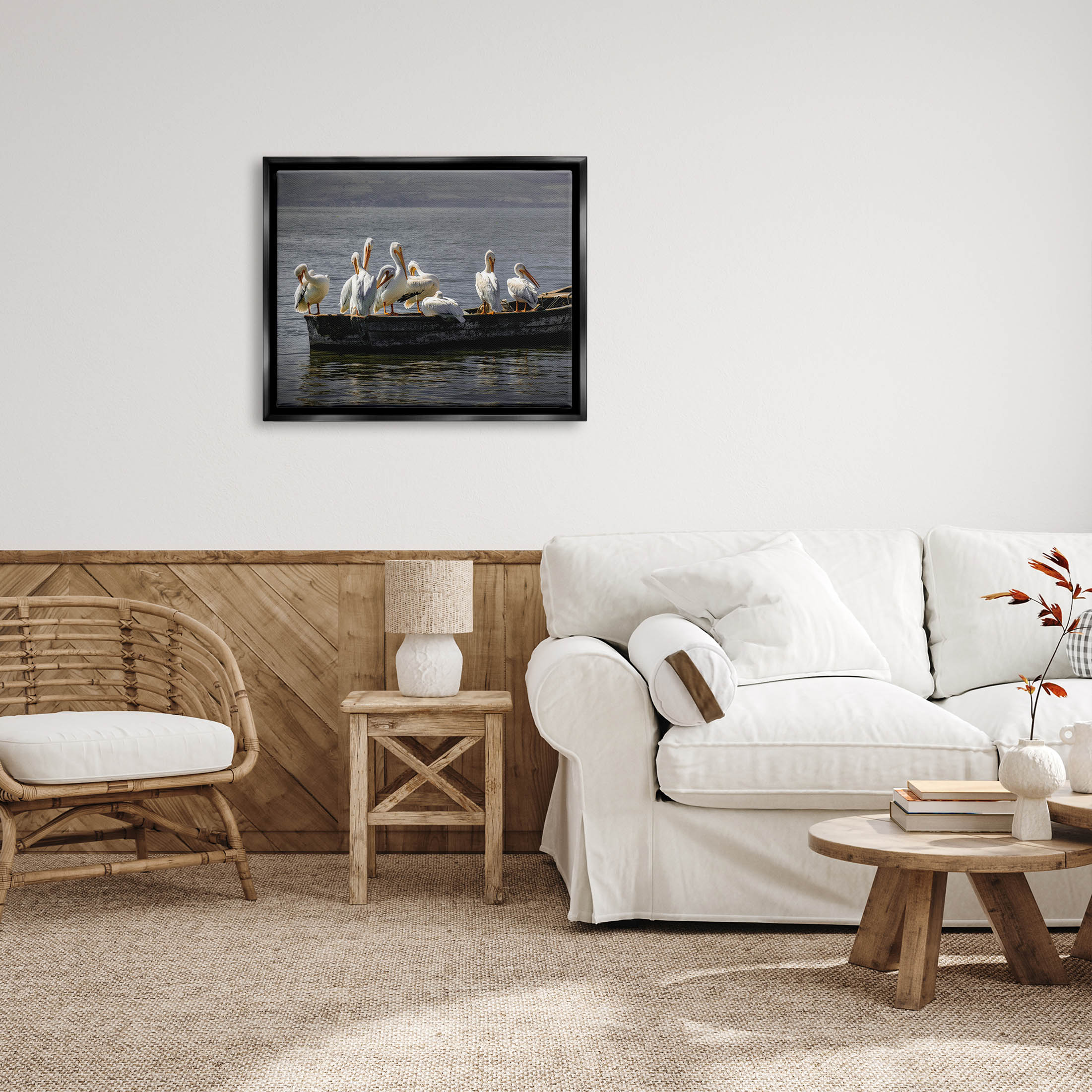 Stupell Industries Pelican Flock On Floating Lake Boat Photograph Jet Black Floating Framed Canvas Print Wall Art, Design by David Lorenz