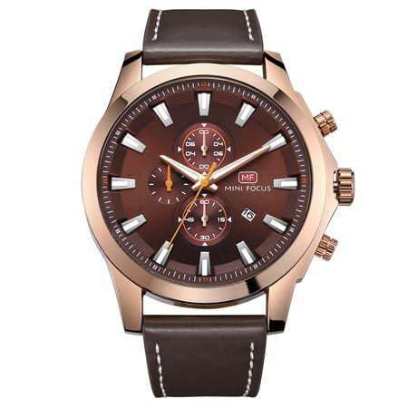 Mens Quartz Watch Brown Face Leather Strap 3 Dials Modern Calendar for Friends Lovers Best Holiday Gift