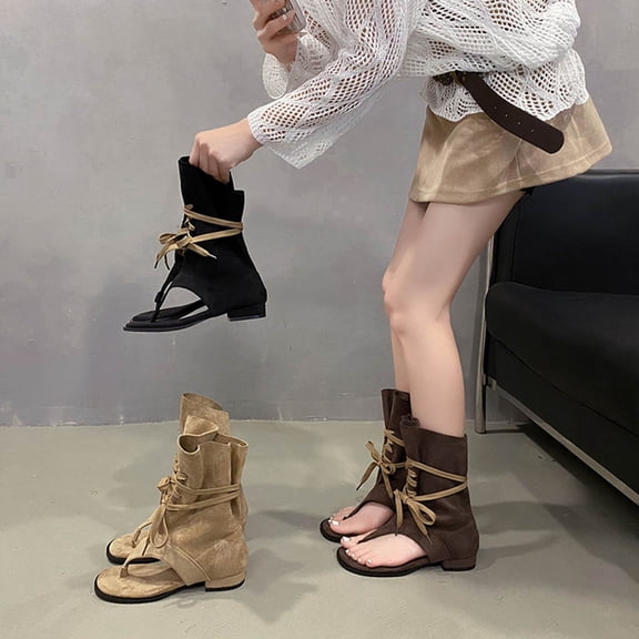 FRSASU Womens Tassel Embellished Flip Summer Boots Vintage Open Toe Flat with Slip On Mid-calf Booties Khaki