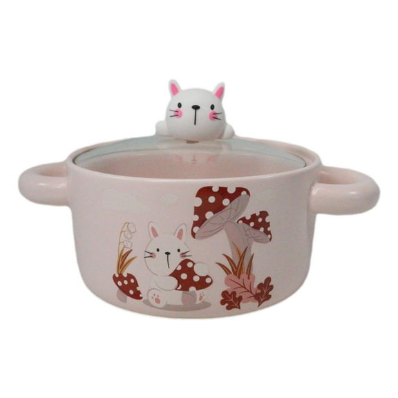 Ceramic Pink Rabbit In Mushroom Forest 30oz Noodle Dessert Bowl W/ Glass Lid