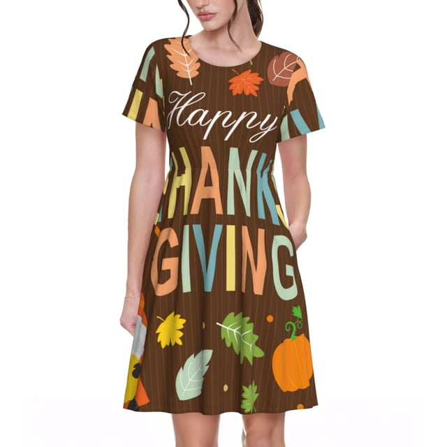 Balery Happy Thanksgiving With Gnome Vestidos sueltos de manga corta para mujer, vestidos de verano 2025, vestidos casuales de corte A con vuelo.