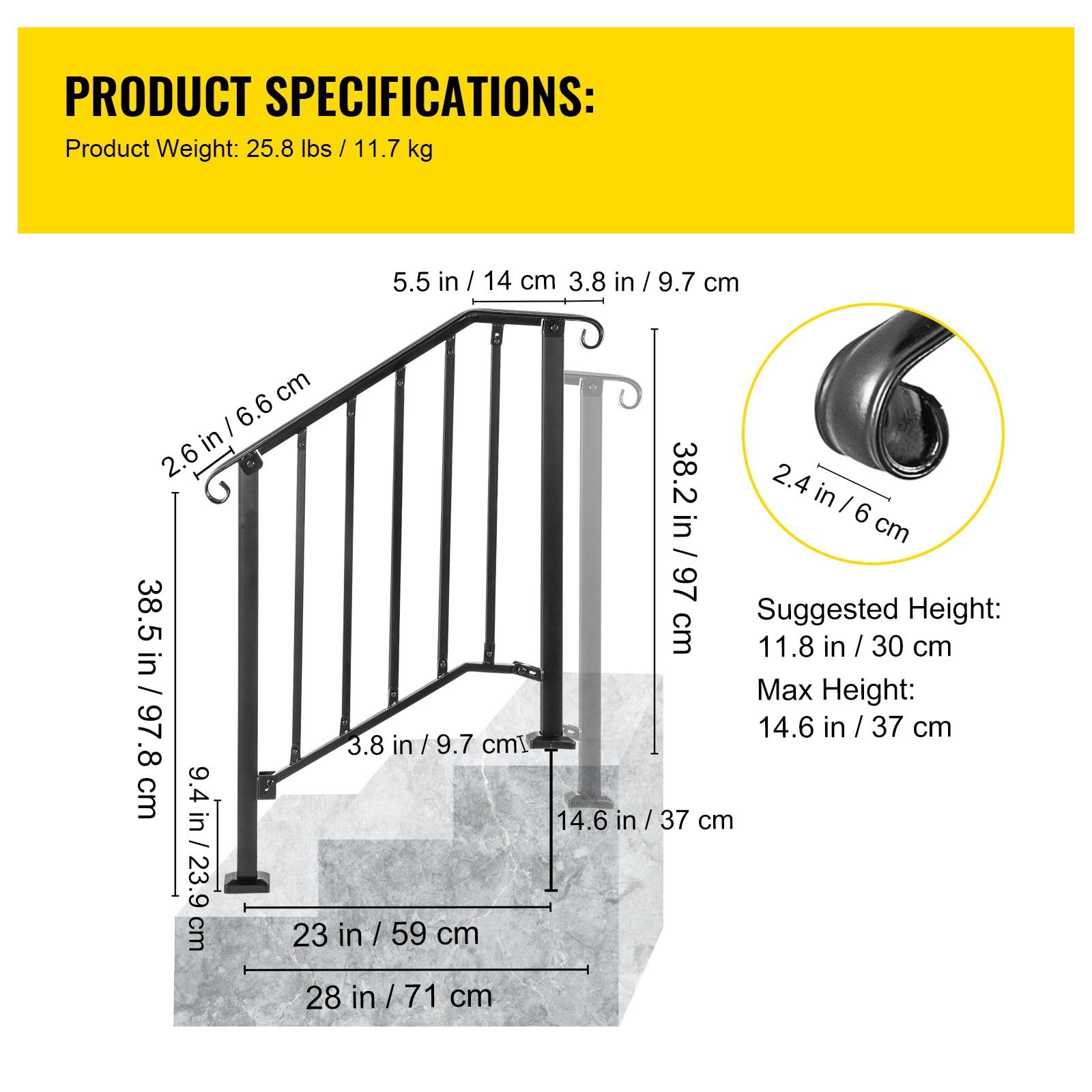 BENTISM Iron Handrail Picket Fits 2 or 3 Steps Stair Railing for Outdoor Garden