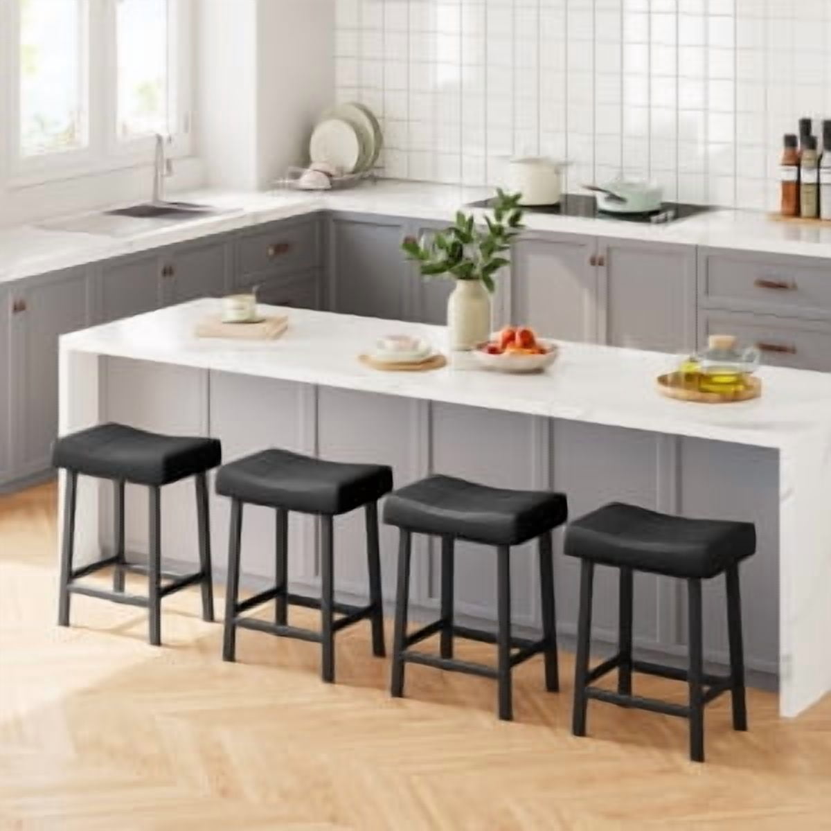 Acekid Bar Stool Set of 4&nbsp;– 24 Inch Counter Height, Upholstered Padded Seat with Curved Surface, Ergonomic Saddle Design for Kitchen/Home, Black + Black Cushion