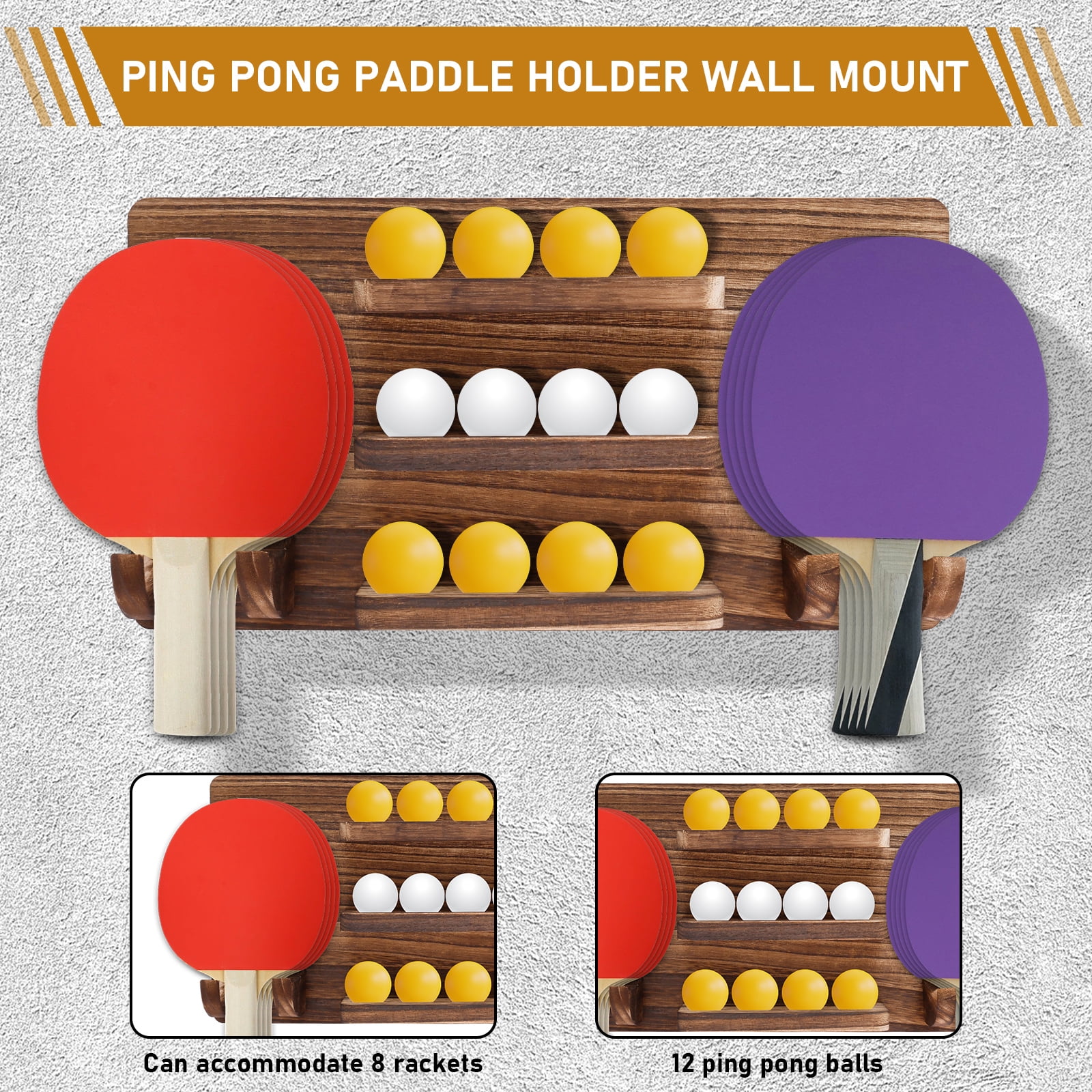FKSZLL Ping Pong Paddle Holder, Wall-Mount Table Tennis Paddle Display Holder Holds 8 Paddles and 12 Balls Table Tennis Racket Organizer for Game Room Bar Garage Home