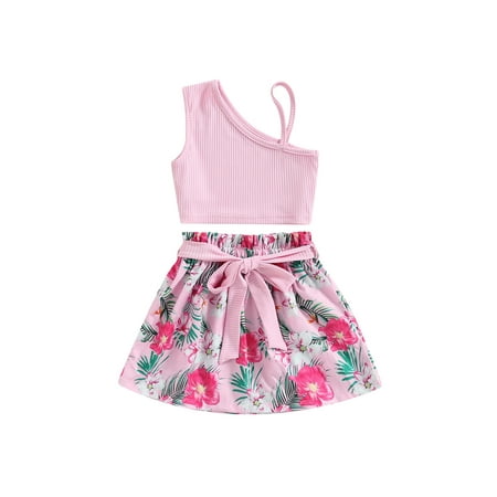 

Canrulo Toddler Baby Girl Clothes One Shoulder Strap Top Floral Print Shorts with Belt Summer Outfits Pink 4-5 Years