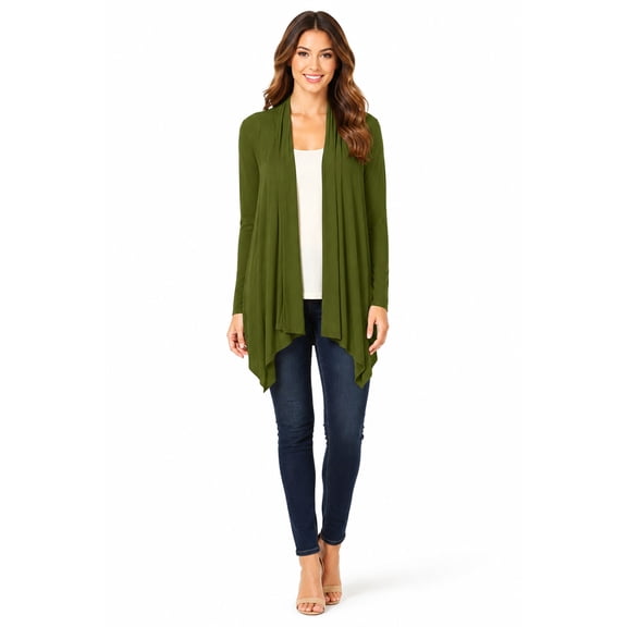 Women's Long Sleeve Draped Neck Open Front Waist Length Solid Cardigan