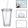 thumbnail image 3 of Vaso de plástico reutilizable, transparente, de doble pared y con pajita, apto para café y zumo (500 ml), 3 of 5