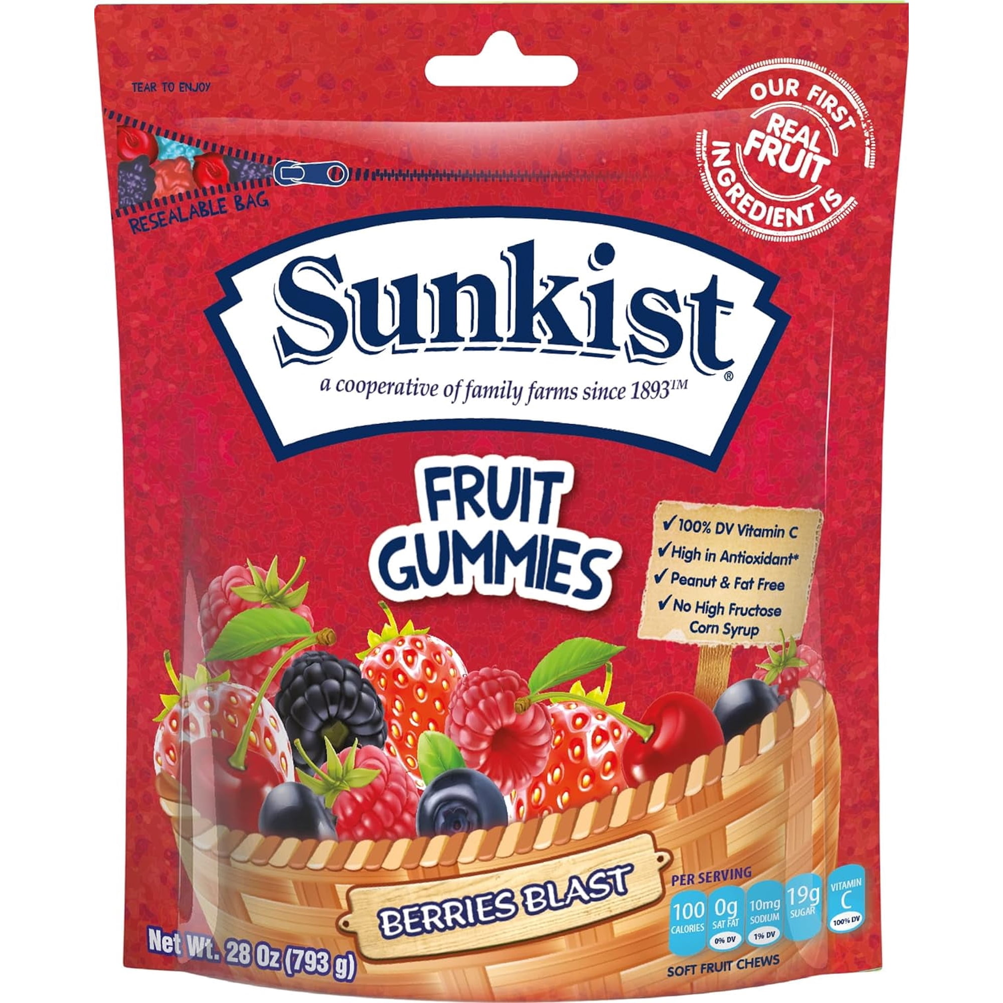 Sunkist Fruit Gummies Berries Blast, 28 Ounce Resealable Gusset Bag