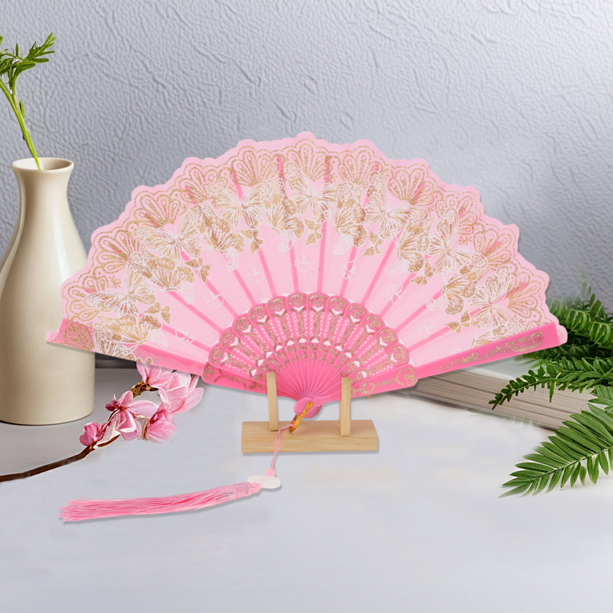 Unique Bargains Elegant Butterfly With Tassel Folding Fan 1PC Pink