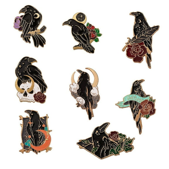 8pcs 8 style Crow Bird Enamel Pin Alloy Enamel Brooch for Backpack Clothing Light golden Mixed color 28~36x19~25x10mm Pin: 1mm 1pc/style
