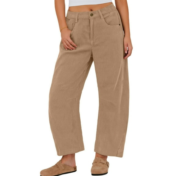 Huankd Women's Corduroy Barrel Pants Mid-Rise Elastic Waist Casual Cord Wide Legs Baggy Pant with Pockets Light Brown XL