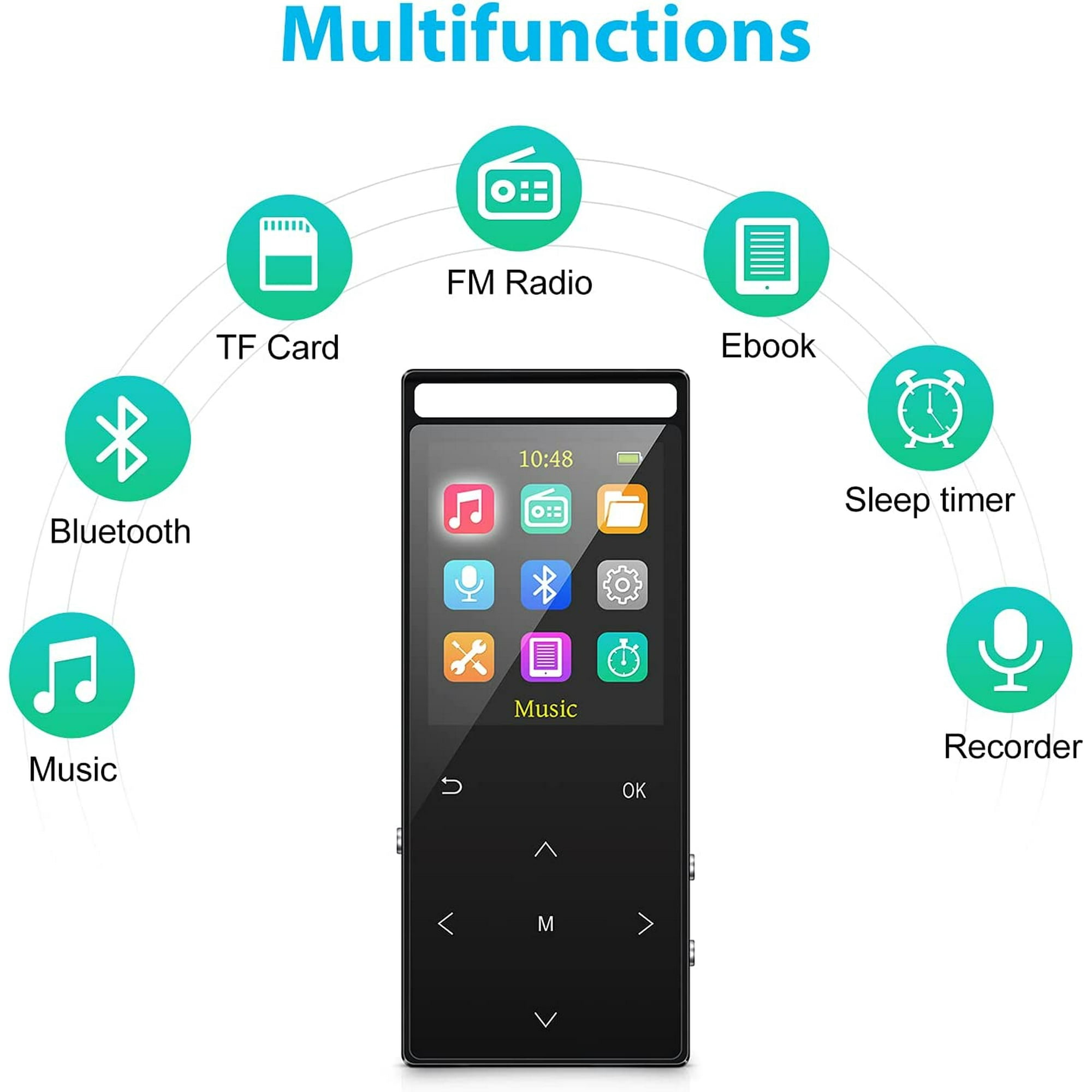 MUSBOY 32GB MP3 Player, Bluetooth 5.0, Hi-Fi Lossless Music Player with FM Radio, Recorder, FM Bluetooth Transmitter, FM Radio Recording, with Speaker, Alarm Clock, Stopwatch, Calendar.