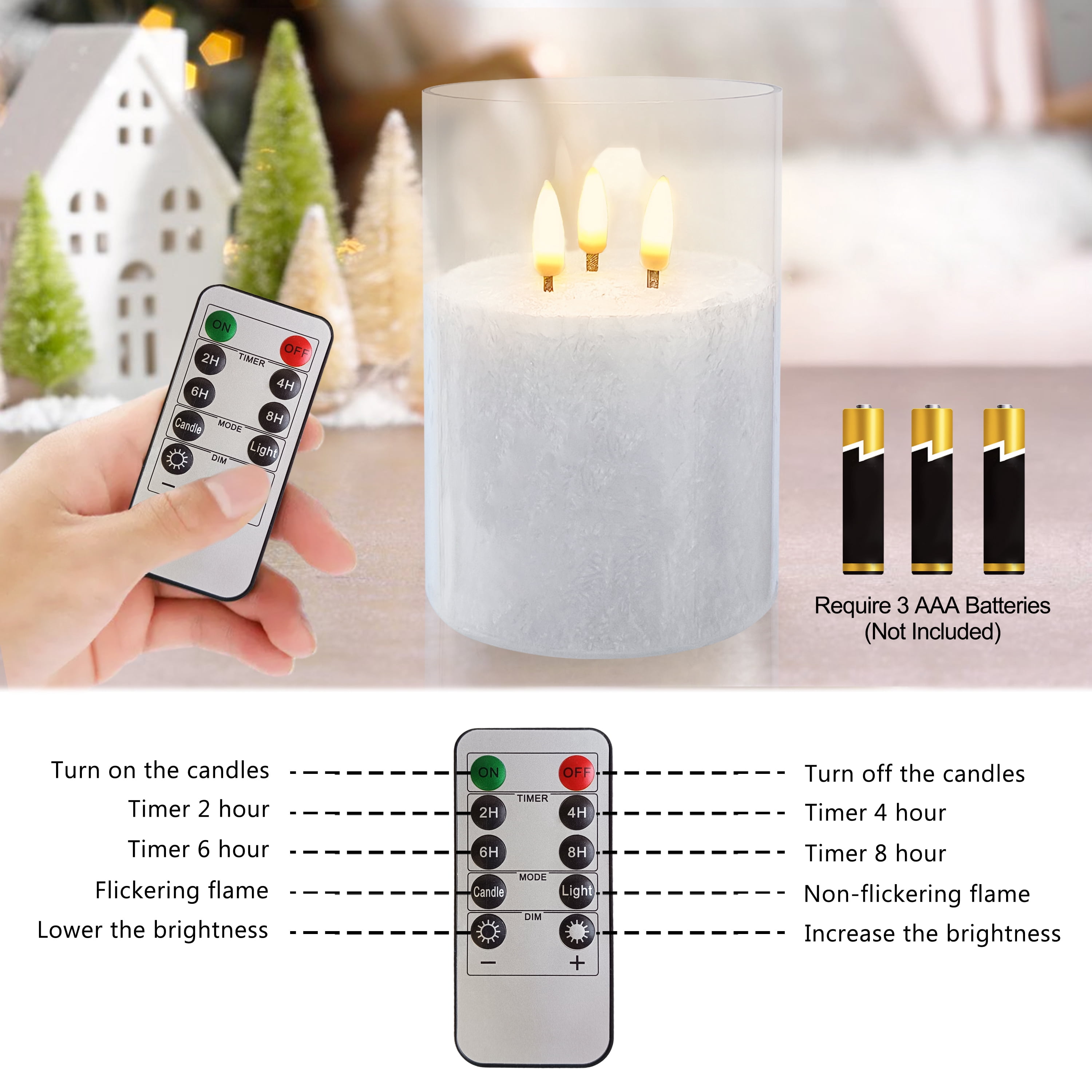 FCMSHAMD 5Inch Flameless Candle with 3 Wicks, Glass LED Pillar Candle, Real Wax Battery Operated Candle with Remote Control and Timer, White