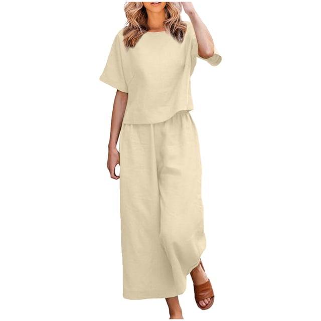 SUWHWEA Mode Women Été Solide Col Rond Décontracté Manches Courtes Haut+pantalon Ensemble Assorti Ensembles for Women Beige TTG