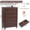 thumbnail image 5 of 5 Drawer Dresser, Farmhouse Chest of Drawers for Bedroom, 45" Tall Dresser with Metal Handles, Wood Drawer Organizer for Living Room, Hallway, Walnut, 5 of 9