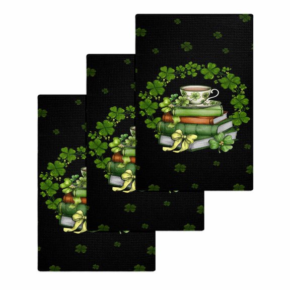 St Patrick's Day Kitchen Dish Towels for Drying Dishes Set of 3, Shamrock Leaf Coffee Cups Books Dark Green Waffle Weave Microfiber Hand Tea Bathroom Towels Quick Dry & Absorbent Towel 15.7x23.6
