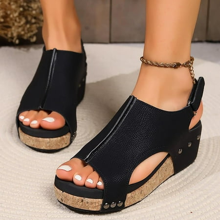 

ZHELIYO Women s sandals Women s Casual Side Hollow Belt Buckle Slope Bottom Roman Shoes Summer Fashion Ladies Sandals Black 9