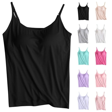 Otntypg Tank Tops for Women Built in Bra Sleeveless Spaghetti Strappy Camisole Vest Loose Fit Casual Basic Workout Yoga Shirts Soft Underwear Sports Crop Tops Beige M