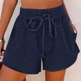 thumbnail image 2 of Estrela Pantalones cortos con cordón para mujer, cintura elástica, cintura alta, bolsillos laterales de Color puro, pantalones cortos de pierna ancha para mujer, azul oscuro M, 2 of 6