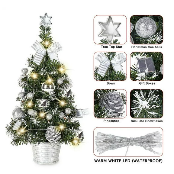 18" Mini Christmas Tree Ornaments Tabletop Artificial Xmas Tree with LED String Light,Silver