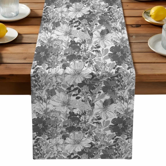 Black White Floral Table Runner, Watercolor Spring Black White Wildflowers Leaves Plant Washable Kitchen Table Runners Dress Scarves for Dining Table Decorations Party, 13x90in