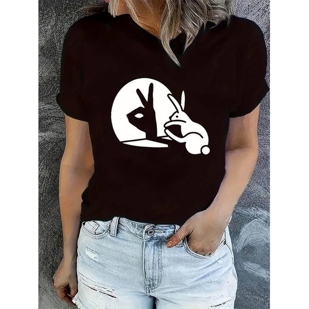 Camiseta Básica para Mujer Verano TranspirableCreative Rabbit Gesture Pattern Printed Women'S Trendy Round Neck Short Sleeve, Simple Casual Sports T-Shirt, Comfortable Summer Top for Holidays.Father