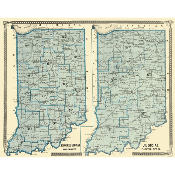 Historic State Map - Indiana Political - Baskin 1876 - 23 x 28.74 - Vintage Wall Art