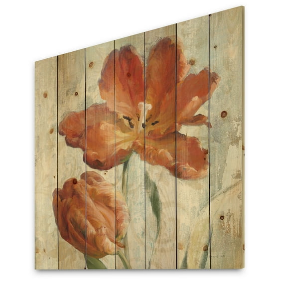 Designart 'Orange Parrot Tuplip' Traditional Print on Natural Pine Wood