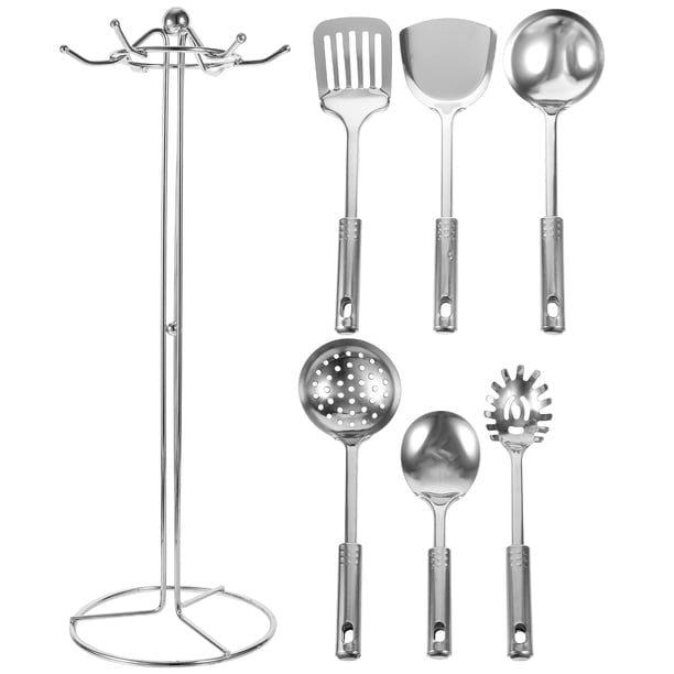 BRIGHTFUFU Juego de utensilios de cocina de acero inoxidable de 6 piezas, utensilios de cocina de utilidad, juego de utensilios de cocina y estante de almacenamiento de 1 pieza para el hogar