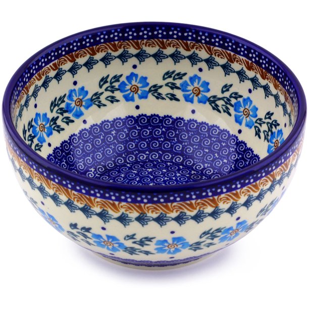 Polish Pottery 7½inch Bowl (Blue Cornflower Theme) Hand Painted in Boleslawiec, Poland