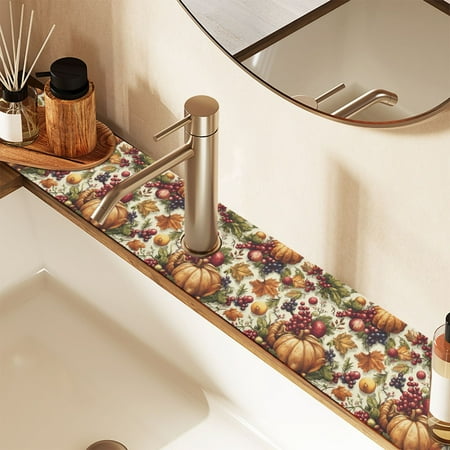 

Berry Pumpkin Leaf Faucet Mat for Kitchen Sink 30 Sink Splash Guard Mat Super Absorbent Fast Drying Drain Pad