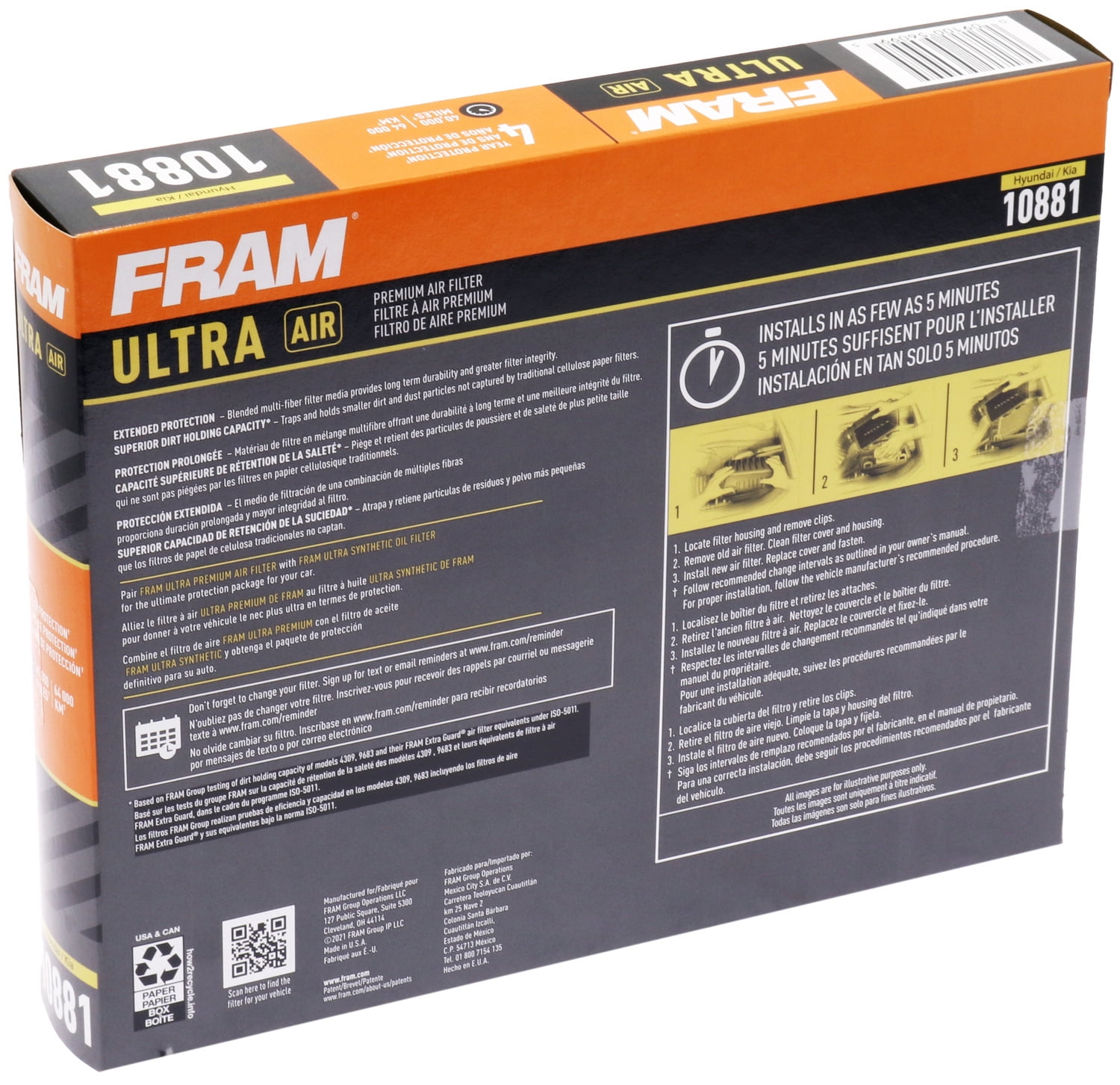 FRAM Ultra Premium 40,000 Mile Air Filter, 10881 for Select Hyundai and Kia Vehicles