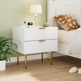 thumbnail image 3 of Modern Fluted Nightstand, White Night Stand with Golden Handles and Metal Legs, Wooden Bedside Table with 2 Drawers for Bedroom Living Room, 3 of 15