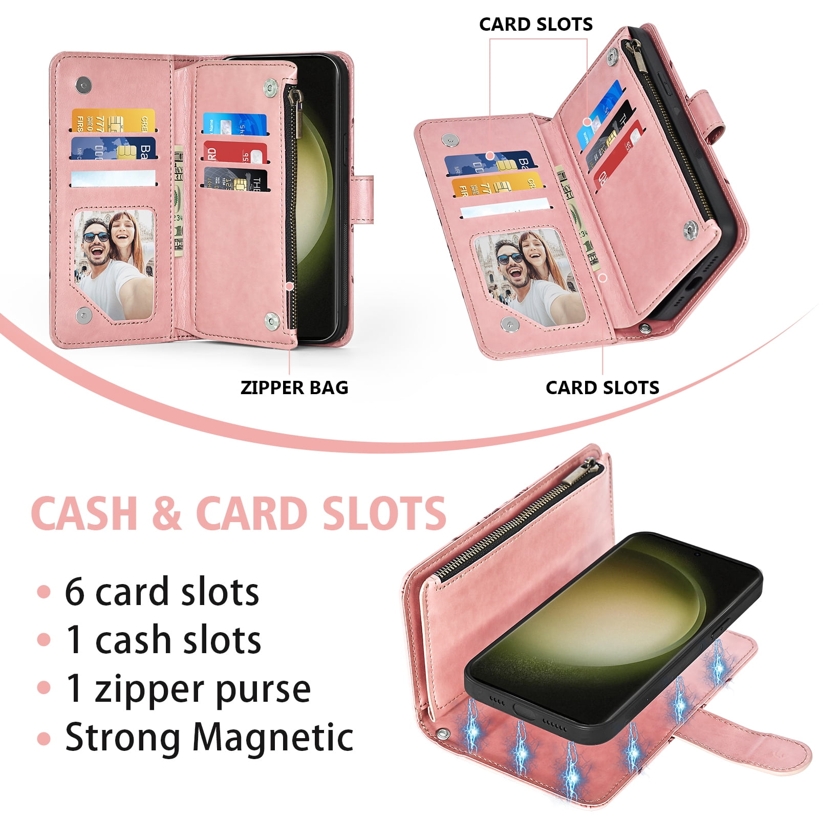 Asuwish Phone Case for Samsung Galaxy S23 Ultra 5G Zipper Wallet Magnetic Detachable Cell Cover with Tempered Glass Screen Protector Crossbody Strap Flower Card Holder Slot S23Ultra Women Pink