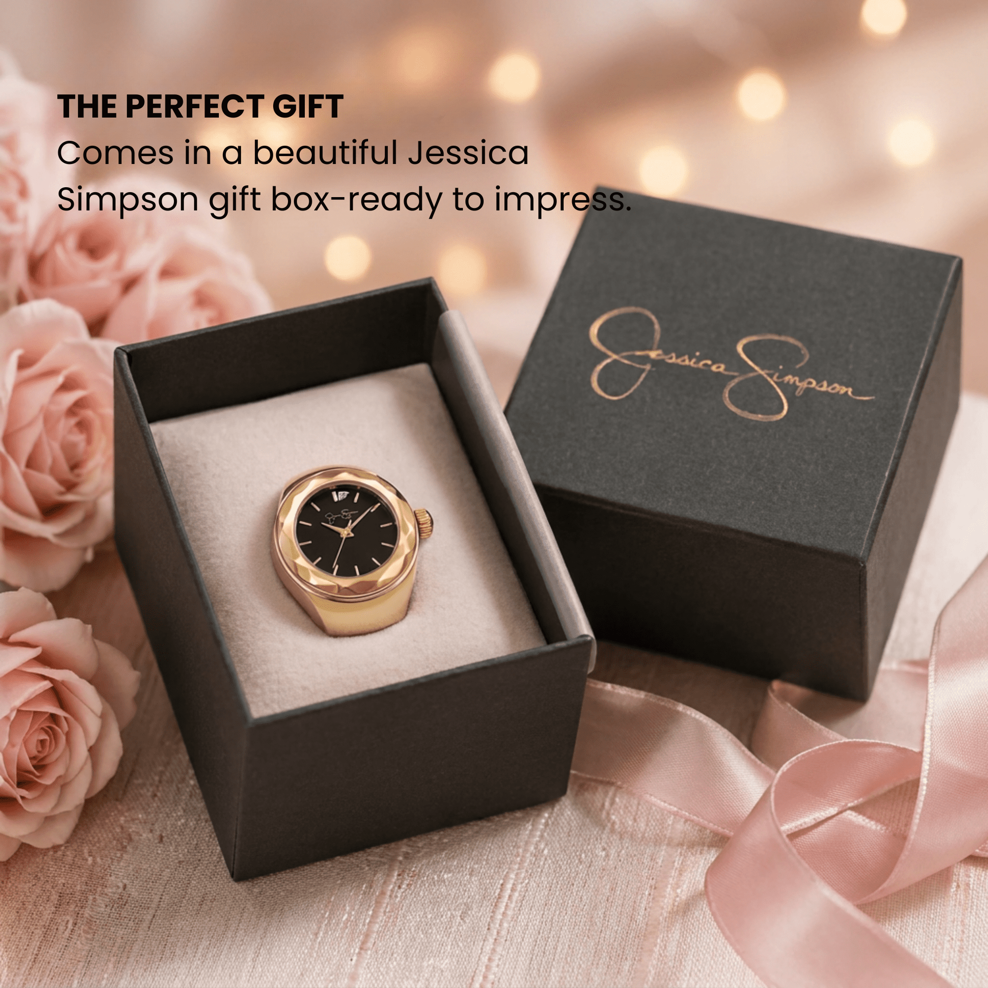 Gold Ring Watch for Women – Adjustable Stretch Band Finger Watch with Crystal Dial, Mini Analog Quartz Watch Ring, Fashion Jewelry Timepiece