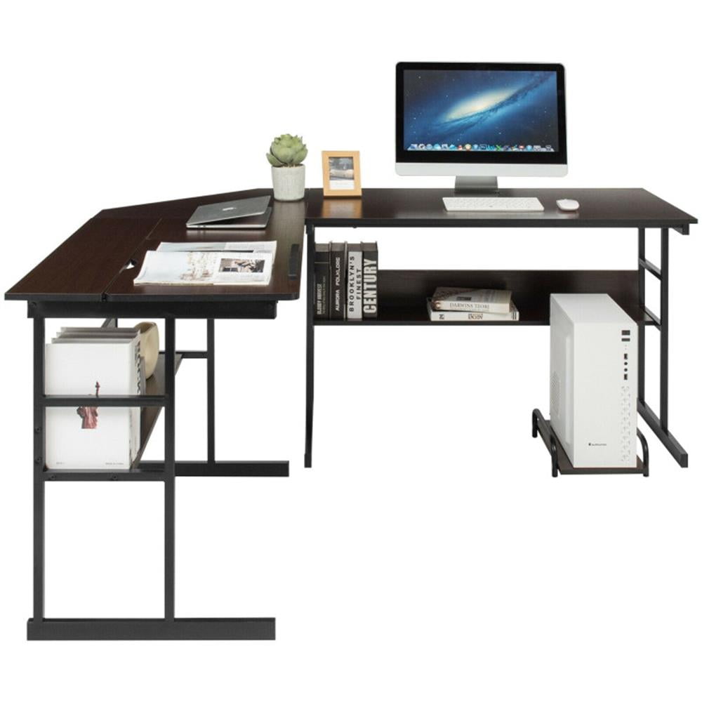 Demi Bonn L-Shaped Computer Desk with Tiltable Tabletop, Small Home Office Desk Study Writing Table, Brown