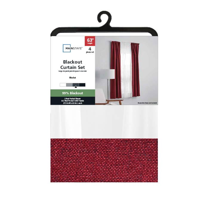 Mainstays Solid Twill Blackout Curtain Panel and Sheers, Set of 4, Merlot, 27.5" W x 63" L