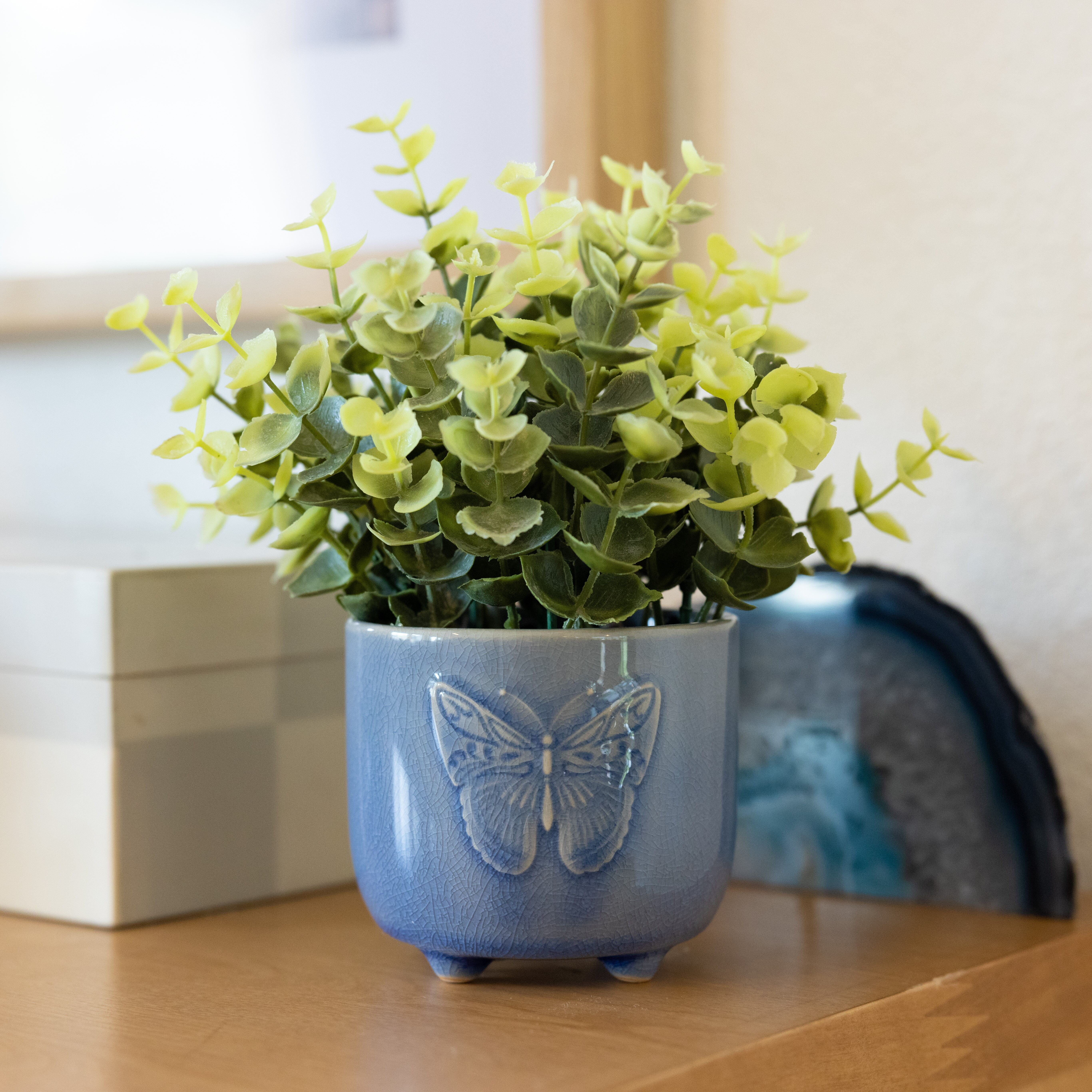 Mainstays Tabletop Artificial Baby Eucalyptus Plant in Blue Ceramic Butterfly Pot, 3"