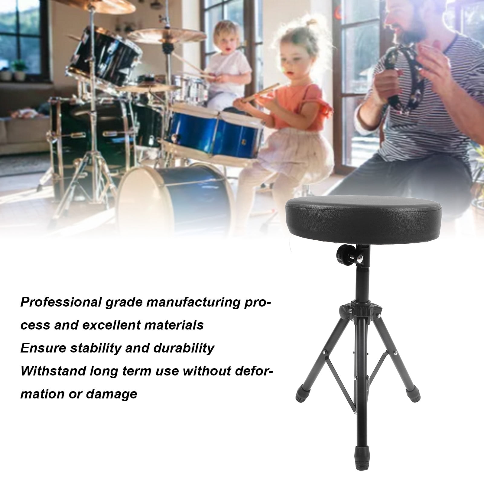 LAZIOEGR Drum Throne Padded Seat Collapsible Rotatable Drumming Stool Adjustable Foldable Music Performance Bench with Double-Braced Stand Accessory for Acoustic Electric Drum Sets, Black
