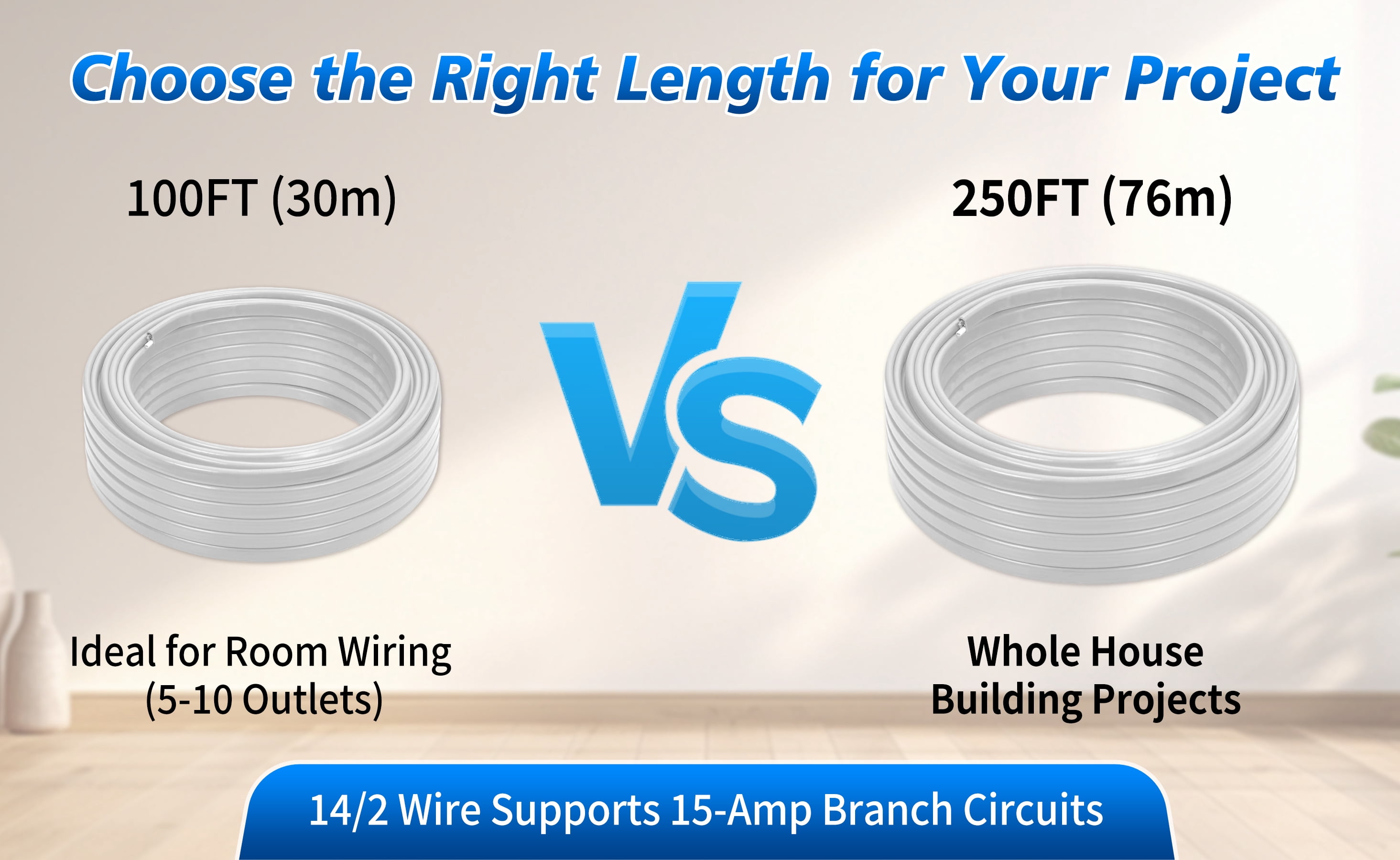 14/2 NM-B Cable 100 FT – UL Listed Residential Indoor Electrical Wire with Ground, Solid Bare Copper, 600V