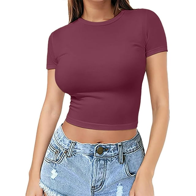 T-Shirt à Manches Courtes pour Femmes en Liquidation, Chemises Mélangeuses pour Femmes, T-Shirt Court pour Femmes, Chandail d'Été pour Filles, Haut à Col Rond Fin pour Femmes, Manches Courtes à la Mode