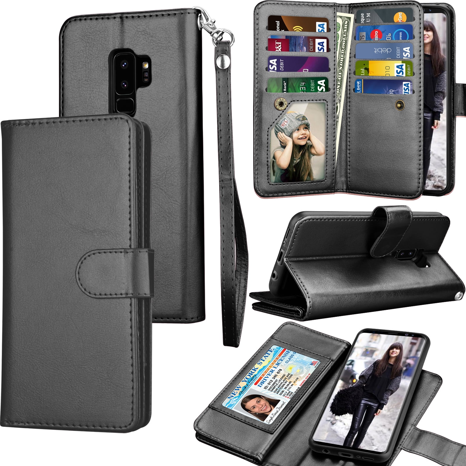 Samsung Galaxy S9 Plus Flip Case Cover for Samsung Galaxy S9 Plus Leather Cell Phone case Kickstand Extra-Durable Business Card Holders with Free Waterproof-Bag Black3 