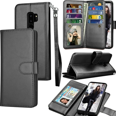 Samsung Galaxy S9 / S9 Plus / S8 / S8 Plus Wallet Case, Tekcoo Luxury Cash Credit Card Slots Holder PU Leather Flip Cover [Detachable Magnetic Hard Case] & Kickstand & Wristlet Strap Cover