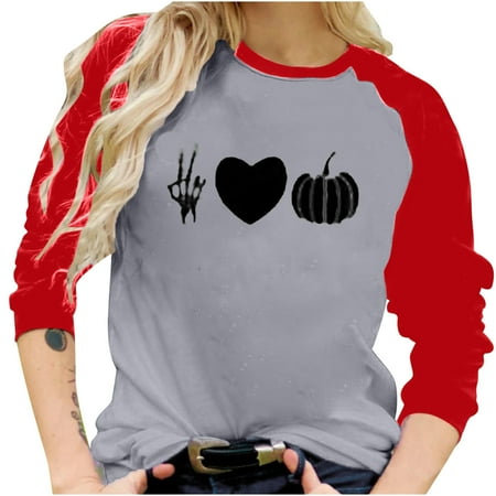 

jsaierl Halloween Sweatshirts for Women Long Sleeves Blouse Floral Blouse Waffle Print T Shirt Long Sleeve Top